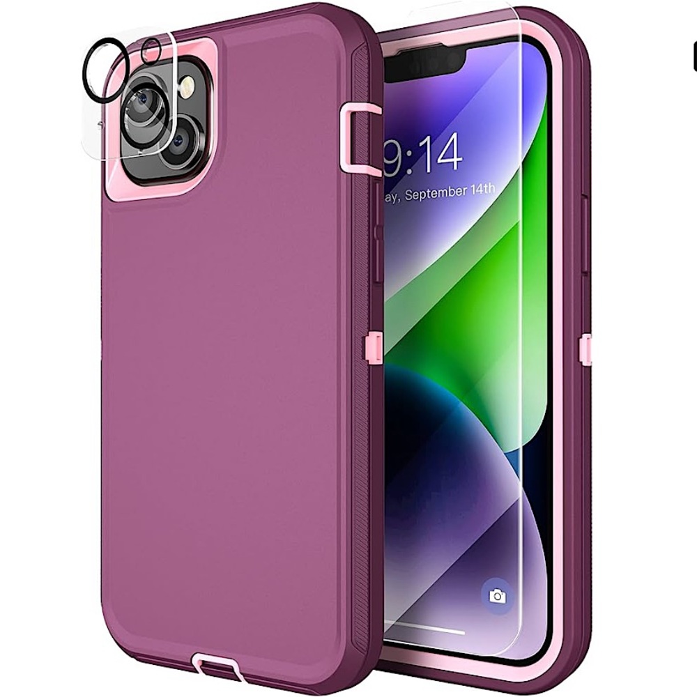 NWT MXX Heavy Duty Plum iPhone 14+ Case Tempered Glass Screen & Lens Protector